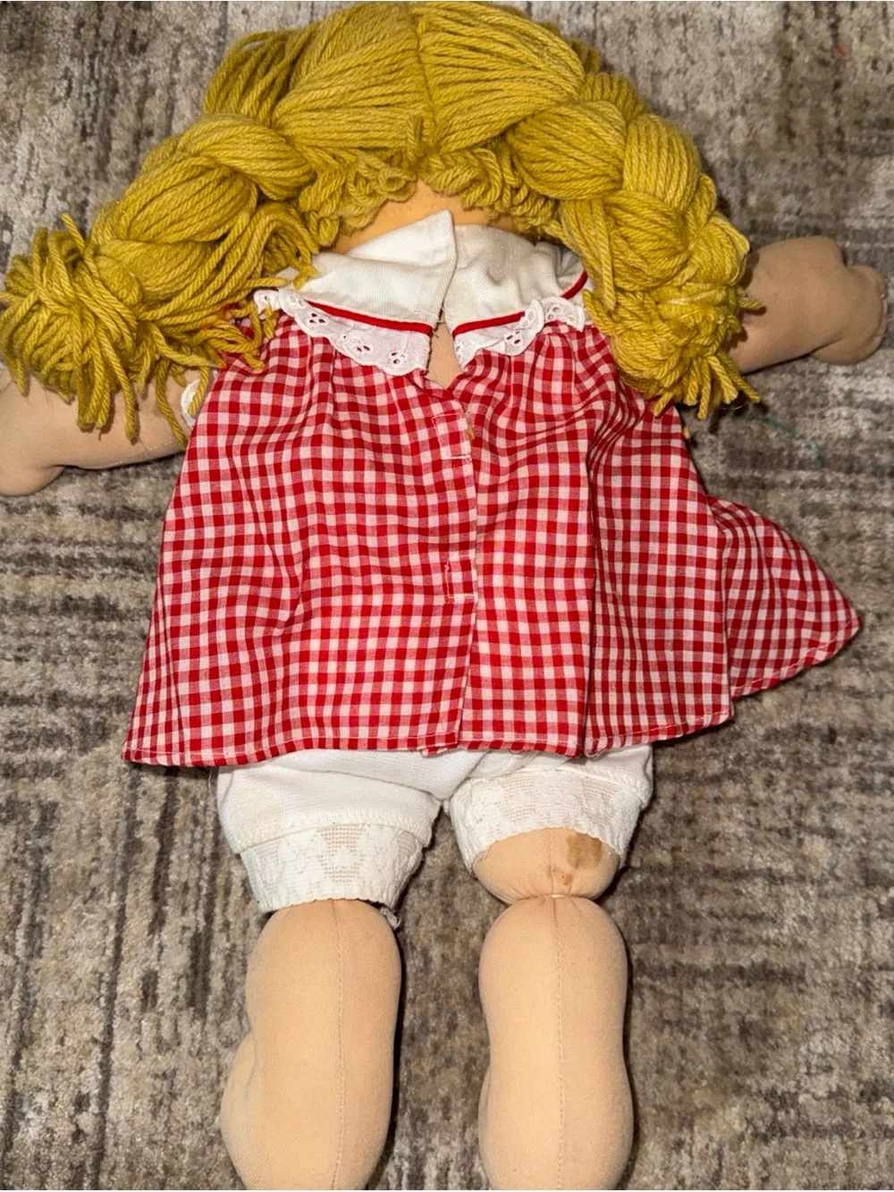 Vintage cabbage patch doll blond hair 1985 red checkered dress